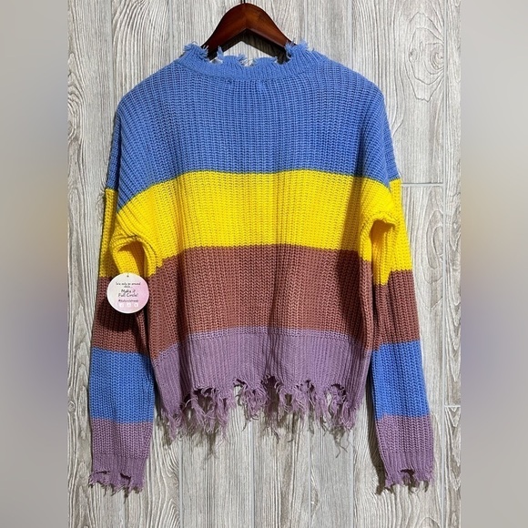 Color Block Frayed Distressed Hem V-Neck Sweater Size XL - Picture 4 of 6